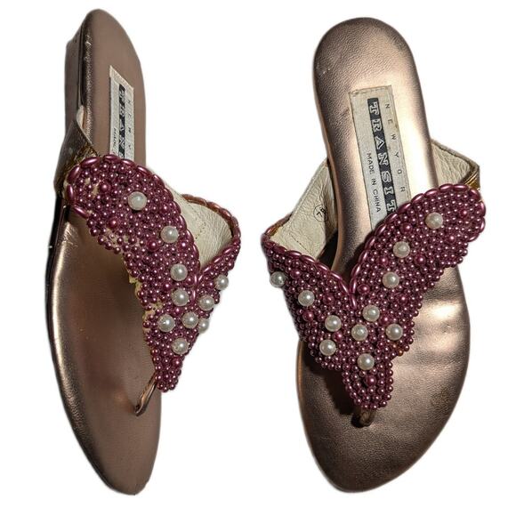Vtg Y2K New York Transit Pink Beaded Pearl Embellished Toe Post Thong Sandals 7 - Picture 1 of 6